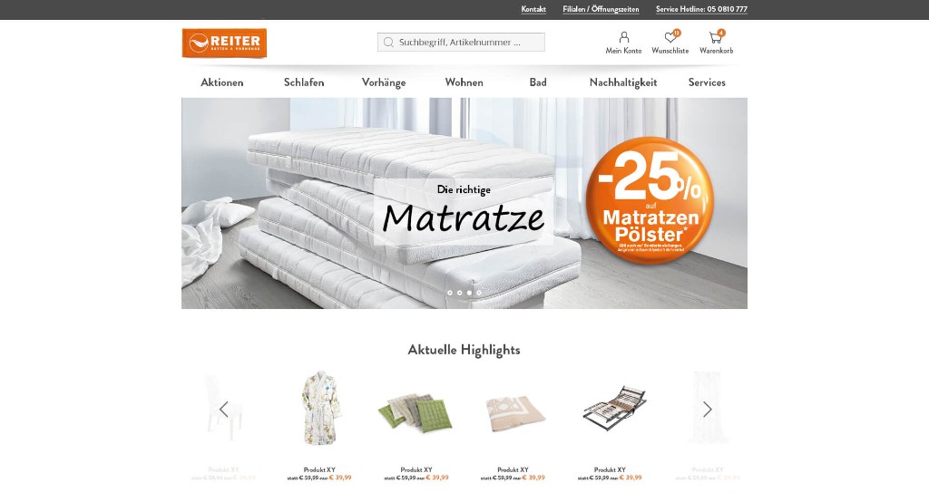 bettenreiter.at — Onlineshop-Startseite mit Highlight-Slider