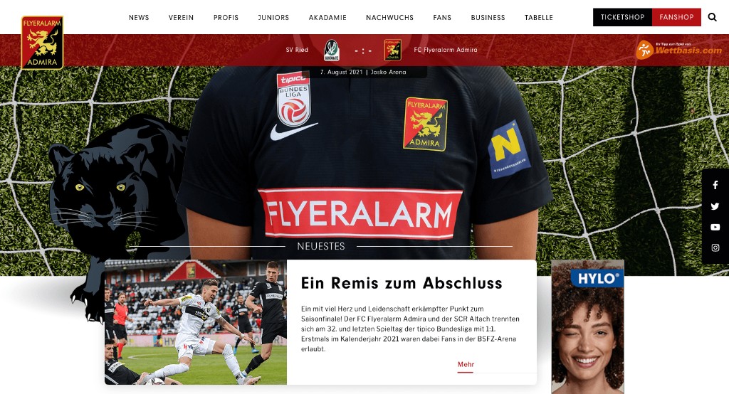 flyeralarmadmira.at — Vereinsauftritt mit Spielergrafik und Live-Ticker